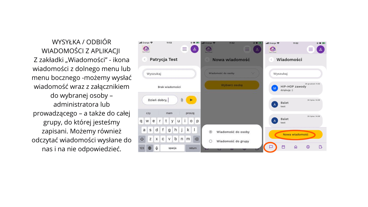 WYSYŁKA ODBIÓR WIADOMOŚCI Z APLIKACJI Z zakładki „Wiadomości” - ikona wiadomości z dolnego menu lub menu bocznego -możemy wysłać wiadomość wraz z załącznikiem do wybranej osoby – administratora l (2) (1)